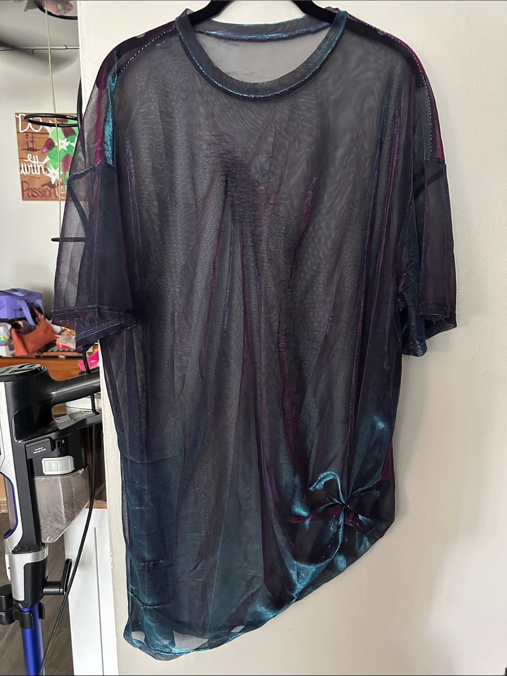 SHEIN Sheer Iridescent Short Sleeve Tunic - Black with Teal & Purple Shimmer